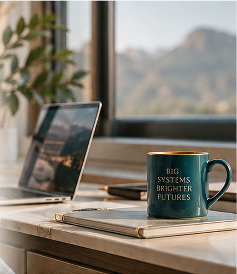 A laptop and a teal mug on a sunlit desk in front of a mountain view