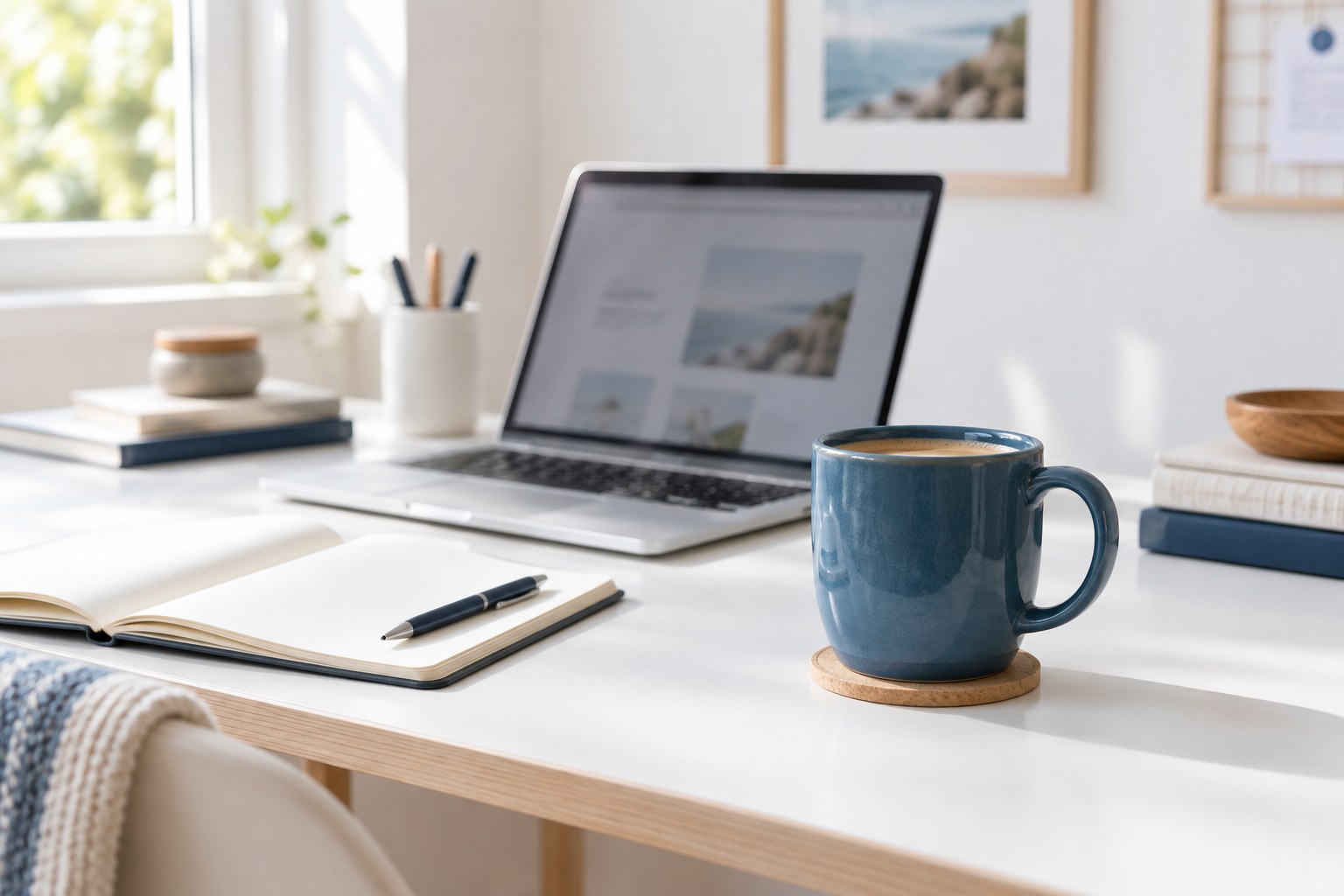 A bright workspace with a laptop, a notebook and a ceramic blue mug, illustrative brand imagery